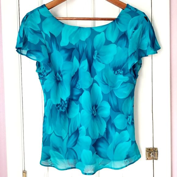 Studio I Blue Floral Blouse w/ Cowl Neck Back Sz 8 - Picture 2 of 8